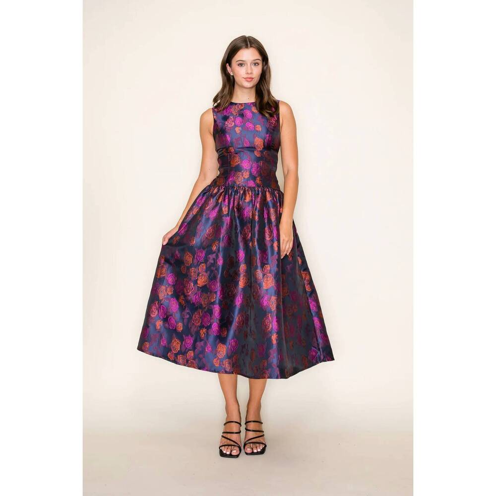 NEW B.RIGHT rose jacquard midi dress in midnight navy